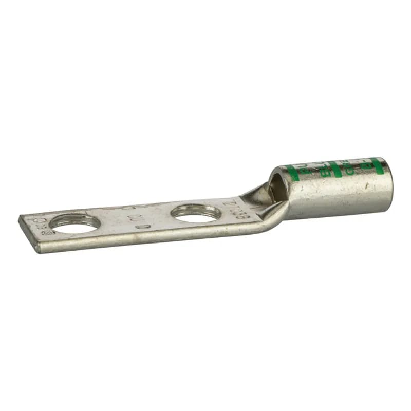 2 Hole Short Barrel Copper Compression Lug w/ Peep Hole 1 AWG - 3/8" Bolt Short Barrel Copper Compression Lugs with Peep Hole is a type of copper compression connector that is produced from high conductivity copper tubing. They are tin-plated to provide corrosion resistance and are marked with die index and color coded for easy reference. Listed for 35KV maximum when properly installed.