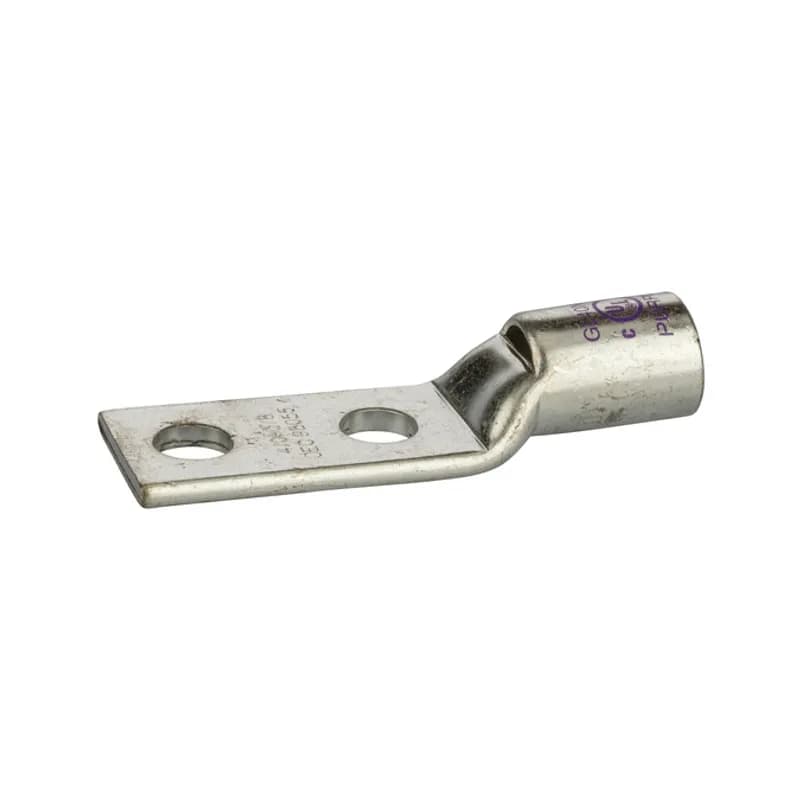 2HoleShort Barrel Copper Compression Lug w/ PeepHole4&amp-frasl-0 AWG-3/8" Bolt Short Barrel Copper Compression Lugs with PeepHoleis a type of copper compression connector that is produced from high conductivity copper tubing. They are tin-plated to provide corrosion resistance and are marked with die index and color coded for easy reference. Listed for 35KV maximum when properly installed.