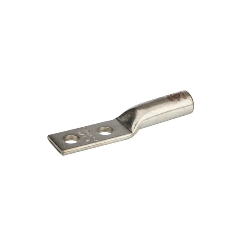 2 Hole Long Barrel Copper Compression Lug 2 AWG - 1/4" Bolt - 5/8" Mounting Spacing Long Barrel Copper Compression Lugs are produced from high conductivity copper tubing. Allows easy inspection of the termination to assure complete cable insertion. Tin-plated to provide corrosion and low contact resistance. Marked with die index and color coded. Listed for 35KV maximum when properly installed. Rated 600V. cULus 486A/B Listed. UL467 Listed on sizes 6 AWG - 3/0 AWG. Temperature rating 90 degrees C.