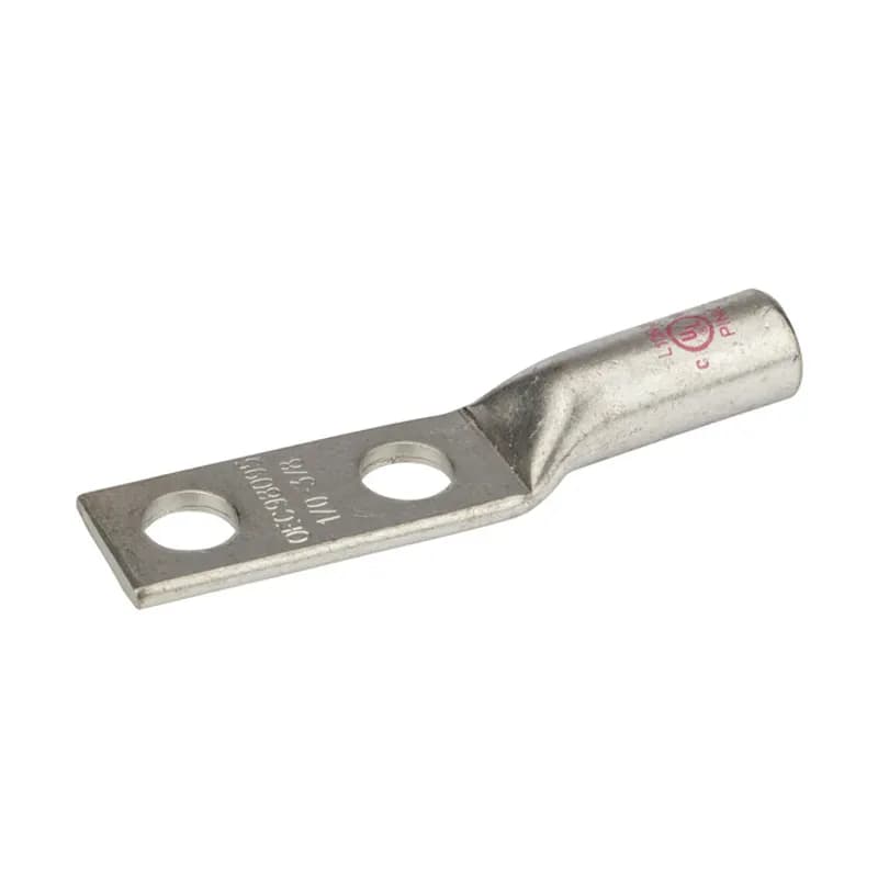 NSI Industries L10N-38 - 2 Hole Long Barrel Copper Compression Lug 1/0 AWG - 3/8" Bolt - 1" Mounting Spacing Long Barrel Copper Compression Lugs are produced from high conductivity copper tubing. Allows easy inspection of the termination to assure complete cable insertion. Tin-plated to provide corrosion and low contact resistance. Marked with die index and color coded. Listed for 35KV maximum when properly installed. Rated 600V. cULus 486A/B Listed. UL467 Listed on sizes 6 AWG - 3/0 AWG. Temperature rating 90 degrees C.