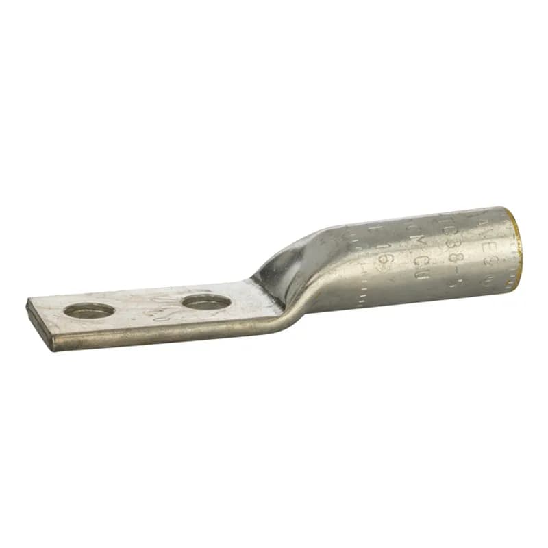 2 Hole Long Barrel Copper Compression Lug 250 MCM - 3/8" Bolt Long Barrel Copper Compression Lugs is a type of copper compression connector that is produced from high conductivity copper tubing. They are tin-plated to provide corrosion resistance and are marked with die index and color coded for easy reference. Listed for 35KV maximum when properly installed.