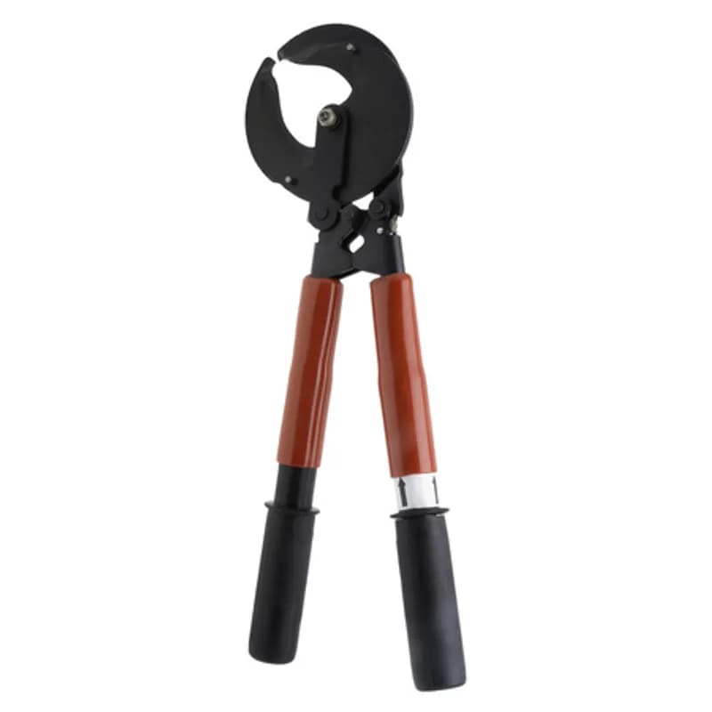 NSI Industries CCR-1000 - Ratchet-Drive 20" Cable Cutter - 1000 MCM APPLICATIONS: This is a fine quality tool crafted for cutting ease, minimum cable distortion and long life. Rugged, compact and lightweight. High quality steel blades offer excellent cutting-edge performance. Handles are made from fiberglass. Replacement blades and handles available. FEATURES: LENGTH: 20" WEIGHT: 4.5 pounds CABLE CAPACITY: 1000 MCM FOR USE WITH: Copper and Aluminum MAX INSULATION DIAMETER: 2.38 BRAND EQUIVALENT: Burndy RCC1000