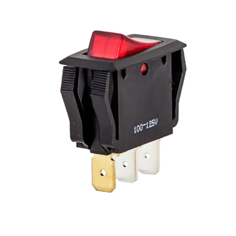 NSI Industries 77150RQ - ON OFF - SPST - Red Lamp QuikConnect Rocker Switch Red Lamp QuikConnect Rocker switches are made of black phenolic bases with a black snap-in bexel and nylon actuator. They are SPST with an on off maintained function.