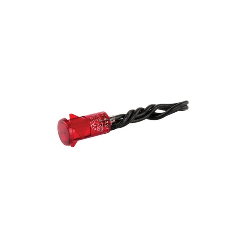 Red Snap In Indicator Light - No Bezel High quality indicator lights are made of nylon with polycarbonate lens material and neon lamps. 125-Volt rated. Connection with 6 inch wire leads.