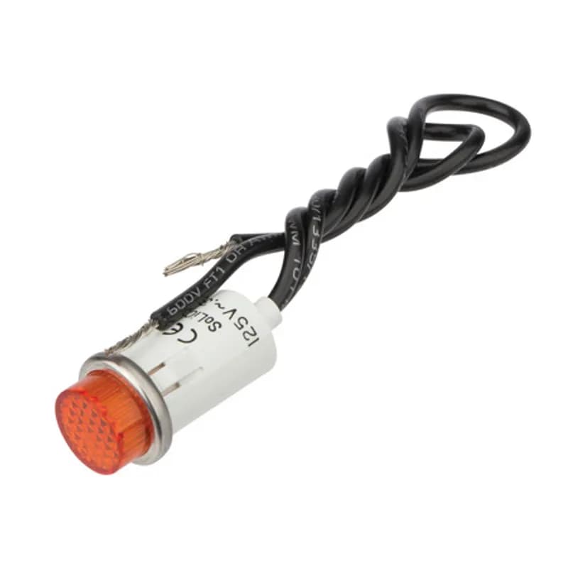 Amber Press In Indicator Light - Stainless Bezel High quality indicator lights are made of nylon with polycarbonate lens material and neon lamps. 125-Volt rated. Connection with 6 inch wire leads.