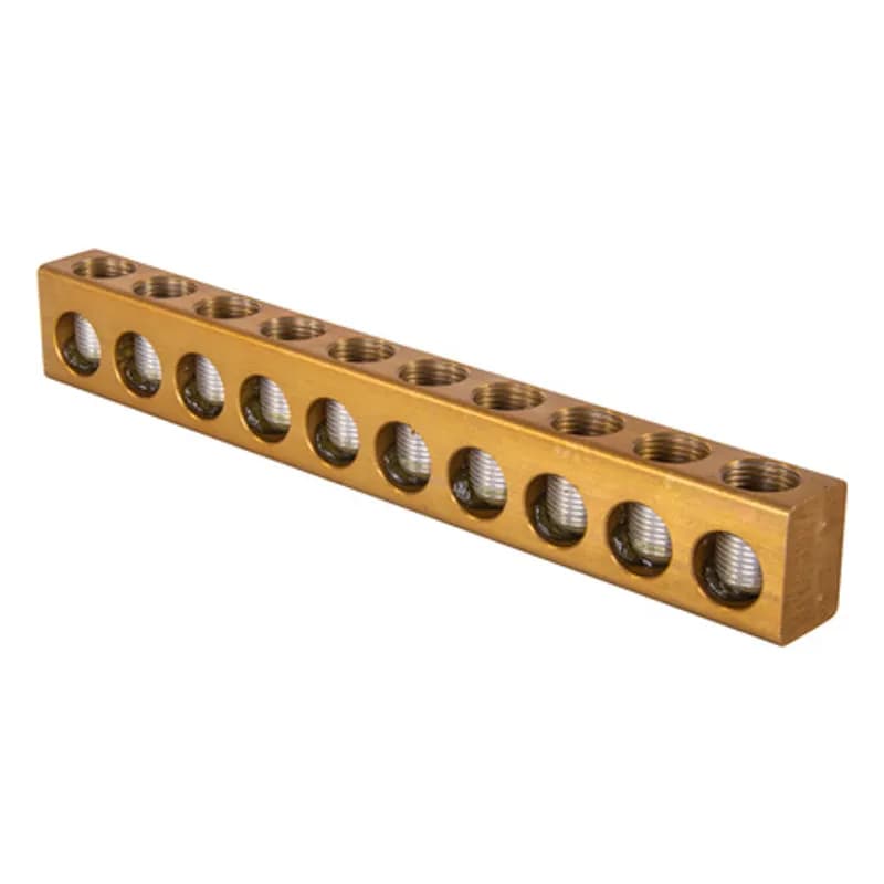 The Polaris PL500-10 Uninsulated Multi-Tap Connector features 10 ports sized for 500 MCM - 4 AWG wires. The body is made from aluminum alloy and plated for corrosion resistance. Each pass-through port features a hex screw used to tighten the connections. Installs with a hex key and torque wrench, without any tape or additional supplies. Designed for use in a wide range of splicing applications, including installation in cable trays, panel boards, ducts, raceways or troughs.
