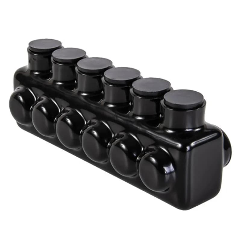 The Polaris IPL3/0-6 Multi-Tap Single Side Entry Connector features 6 ports sized for 3/0-6 AWG wires. The body is made from aluminum alloy wrapped in a layer of plastisol insulation. Each port is pre-loaded with an oxide inhibitor, with removable access plugs over the hex screws used to tighten the connections. Installs with a hex key and torque wrench, without any tape or additional supplies. Designed for use in a wide range of splicing applications, including installation in cable trays, panel boards, ducts, raceways or troughs.