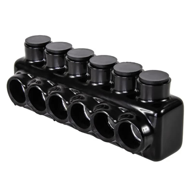 The Polaris IPL250-6 Multi-Tap Single Side Entry Connector features 6 ports sized for 250 MCM - 6 AWG wires. The body is made from aluminum alloy wrapped in a layer of plastisol insulation. Each port is pre-loaded with an oxide inhibitor, with removable access plugs over the hex screws used to tighten the connections. Installs with a hex key and torque wrench, without any tape or additional supplies. Designed for use in a wide range of splicing applications, including installation in cable trays, panel boards, ducts, raceways or troughs.