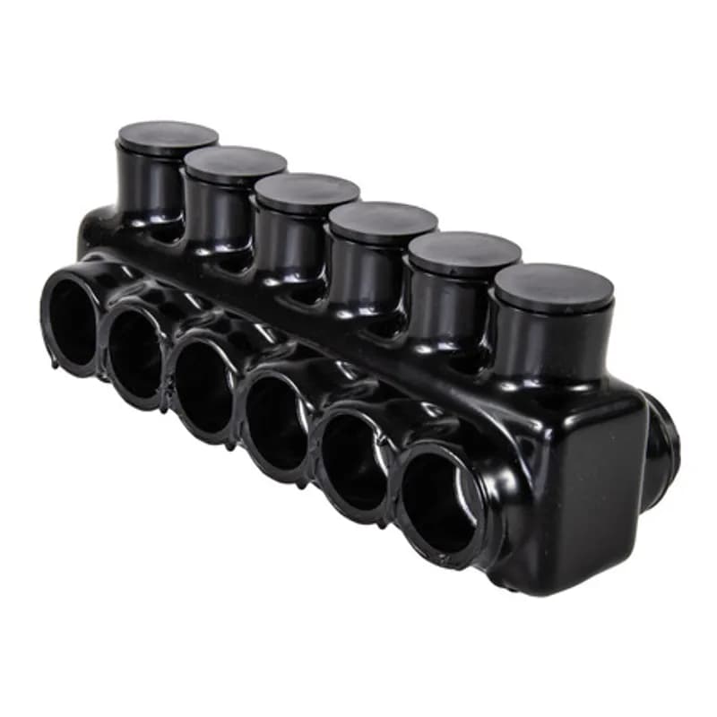 The Polaris IPLD250-6 Multi-Tap Dual-Sided Entry Black Connector features 6 ports sized for 250 MCM - 6 AWG wires. The body is made from aluminum alloy wrapped in a layer of plastisol insulation. Each dual-sided port is pre-loaded with an oxide inhibitor, with removable access plugs over the hex screws used to tighten the connections. Installs with a hex key and torque wrench, without any tape or additional supplies. Designed for use in a wide range of splicing applications, including installation in cable trays, panel boards, ducts, raceways or troughs.