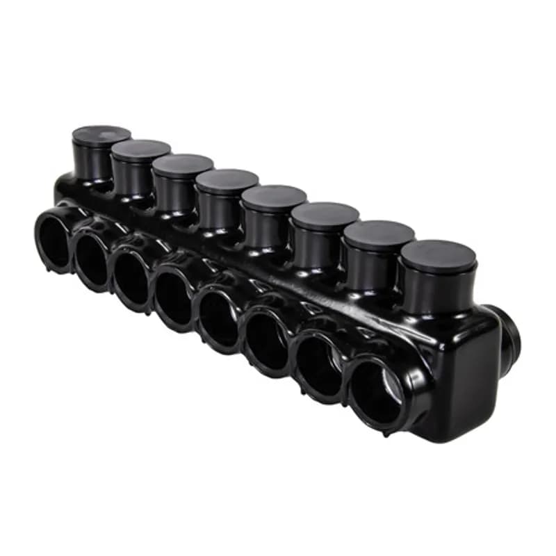 The Polaris IPLD250-8 Multi-Tap Dual-Sided Entry Black Connector features 8 ports sized for 250 MCM - 6 AWG wires. The body is made from aluminum alloy wrapped in a layer of plastisol insulation. Each dual-sided port is pre-loaded with an oxide inhibitor, with removable access plugs over the hex screws used to tighten the connections. Installs with a hex key and torque wrench, without any tape or additional supplies. Designed for use in a wide range of splicing applications, including installation in cable trays, panel boards, ducts, raceways or troughs.
