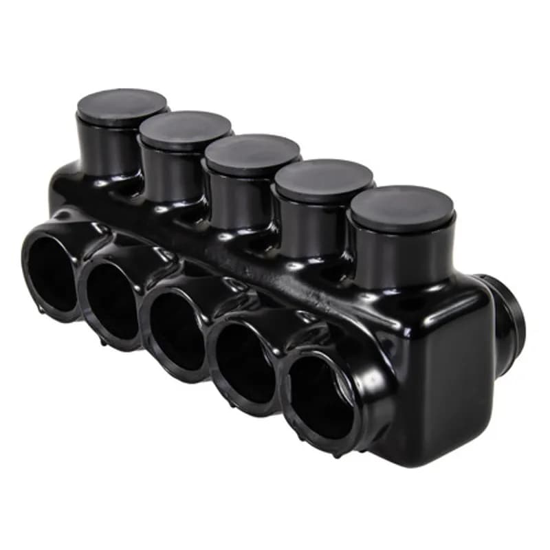 NSI Industries IPLD750-5 - The Polaris IPLD750-5 Multi-Tap Dual-Sided Entry Connector features 5 ports sized for 750 - 250 MCM wires. The body is made from aluminum alloy wrapped in a layer of plastisol insulation. Each dual-sided port is pre-loaded with an oxide inhibitor, with removable access plugs over the hex screws used to tighten the connections. Installs with a hex key and torque wrench, without any tape or additional supplies. Designed for use in a wide range of splicing applications, including installation in cable trays, panel boards, ducts, raceways or troughs.