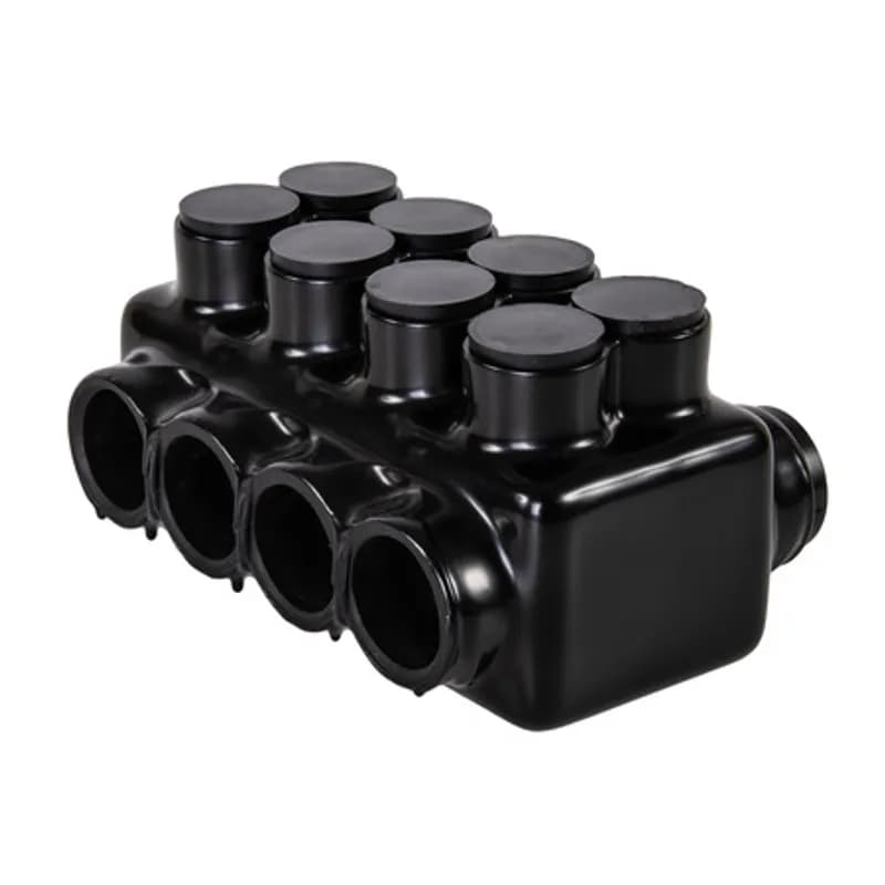 The Polaris IPLDH750-4 Multi-Tap Dual-Sided Entry Connector features 4 ports sized for 750 - 250 MCM wires. The heavy-duty body is made from aluminum alloy wrapped in a layer of plastisol insulation. Each dual-sided port is pre-loaded with an oxide inhibitor, with removable access plugs over the hex screws used to tighten the connections. Each port has two pressure screws to ensure the best connection possible in demanding applications. Installs with a hex key and torque wrench, without any tape or additional supplies. Designed for use in a wide range of splicing applications, including installation in cable trays, panel boards, ducts, raceways or troughs.