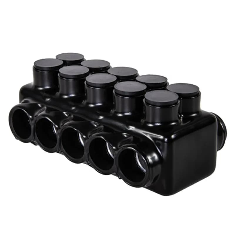 The Polaris IPLDH750-5 Multi-Tap Dual-Sided Entry Connector features 5 ports sized for 750 - 250 MCM wires. The heavy-duty body is made from aluminum alloy wrapped in a layer of plastisol insulation. Each dual-sided port is pre-loaded with an oxide inhibitor, with removable access plugs over the hex screws used to tighten the connections. Each port has two pressure screws to ensure the best connection possible in demanding applications. Installs with a hex key and torque wrench, without any tape or additional supplies. Designed for use in a wide range of splicing applications, including installation in cable trays, panel boards, ducts, raceways or troughs.