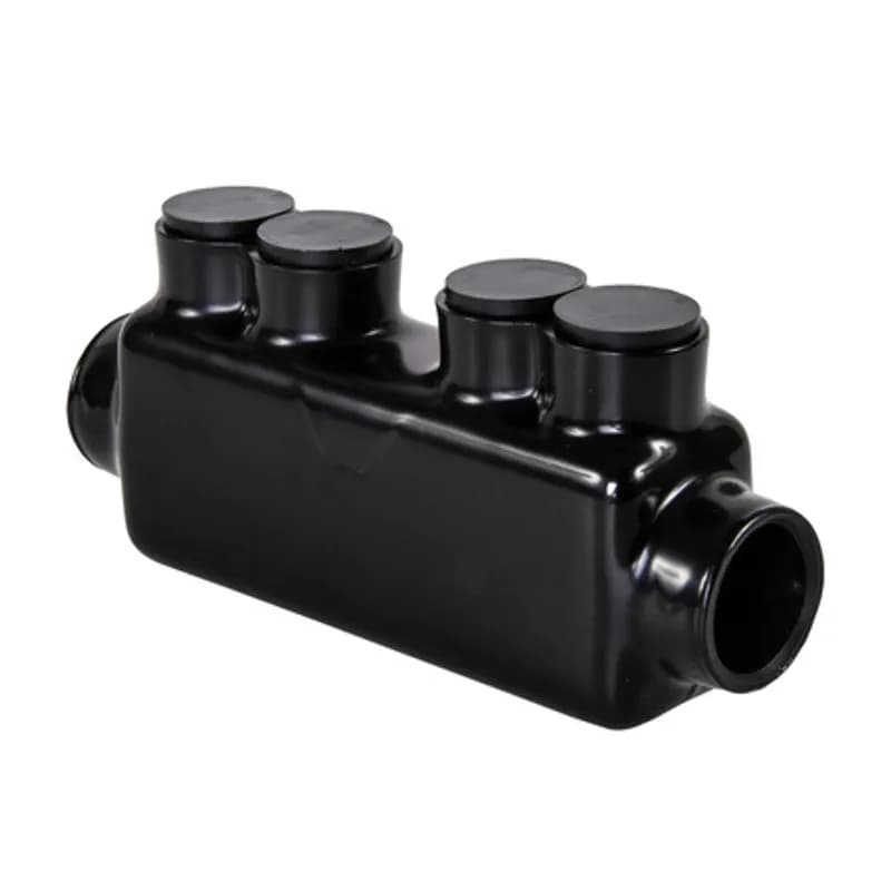 The Polaris ISRH-750 Heavy-Duty Multi-Tap In-Line Entry Connector features 2 ports sized for 750 MCM â€“ 1/0 AWG wires. The body is made from aluminum alloy wrapped in a layer of plastisol insulation. Each port is pre-loaded with an oxide inhibitor, with removable access plugs over the double hex screws used to tighten the connections. Installs with a hex key and torque wrench, without any tape or additional supplies, and comes packaged in a clear plastic bag with a mounting hole for hanging in retail displays. Designed for use in a wide range of splicing applications, including installation in cable trays, panel boards, ducts, raceways or troughs.