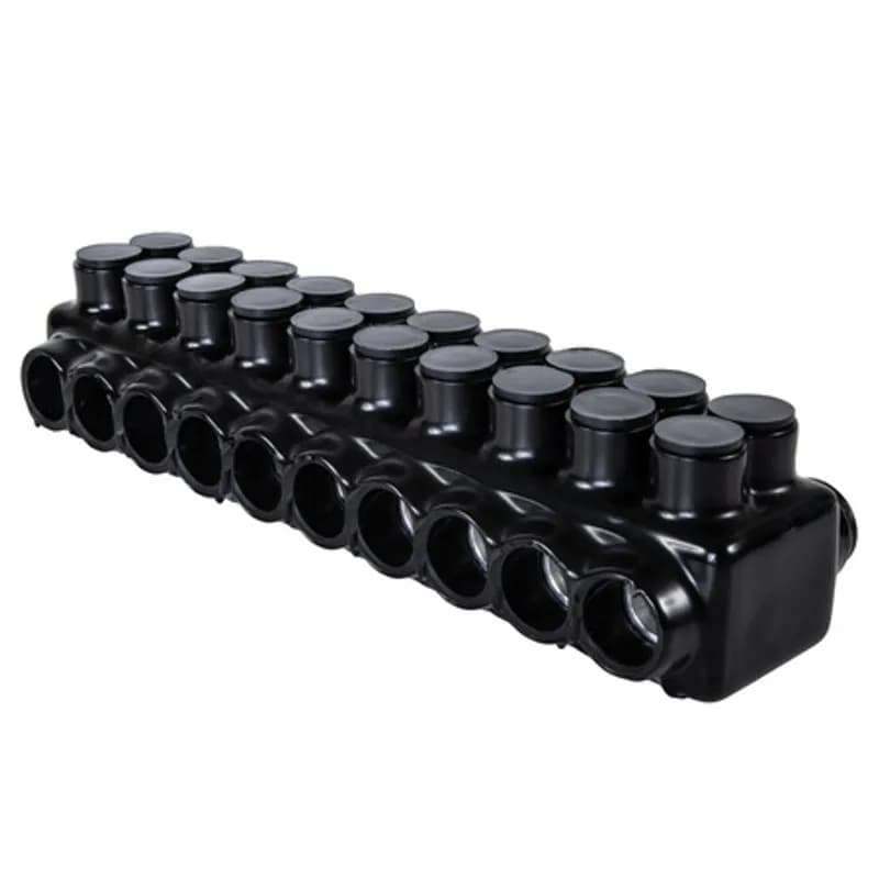 The Polaris IPLDH750-10 Multi-Tap Dual-Sided Entry Connector features 10 ports sized for 750 - 250 MCM wires. The heavy-duty body is made from aluminum alloy wrapped in a layer of plastisol insulation. Each dual-sided port is pre-loaded with an oxide inhibitor, with removable access plugs over the hex screws used to tighten the connections. Each port has two pressure screws to ensure the best connection possible in demanding applications. Installs with a hex key and torque wrench, without any tape or additional supplies. Designed for use in a wide range of splicing applications, including installation in cable trays, panel boards, ducts, raceways or troughs.