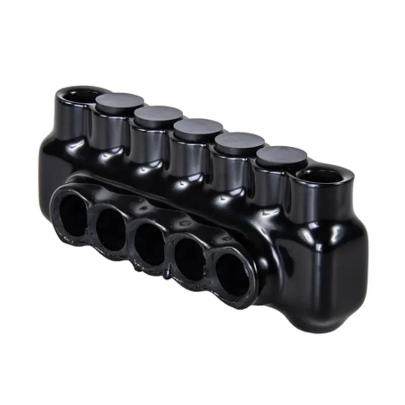 NSI Industries IPLM1/0-5 - The Polaris IPLM1/0-5 Multi-Tap Mountable Single Side Entry Connector features 5 ports sized for 1/0 - 14 AWG wires. Mounting holes on either side of the connector allow for direct mounting to troughs, panels or wireways with 1/4â€ bolts. The body is made from aluminum alloy wrapped in a layer of plastisol insulation. Each port is pre-loaded with an oxide inhibitor, with removable access plugs over the hex screws used to tighten the connections. Installs with a hex key and torque wrench, without any tape or additional supplies. Designed for use in a wide range of splicing applications, including installation in cable trays, panel boards, ducts, raceways or troughs.