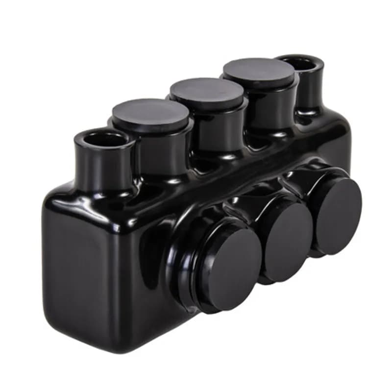 The Polaris IPLMD3/0-3 Multi-Tap Mountable Dual-Sided Entry Connector features 3 ports sized for 3/0 - 6 AWG wires. Mounting holes on either side of the connector allow for direct mounting to troughs, panels or wireways with 1/4â€ bolts. The body is made from aluminum alloy wrapped in a layer of plastisol insulation. Each dual-sided port is pre-loaded with an oxide inhibitor, with removable access plugs over the hex screws used to tighten the connections. Installs with a hex key and torque wrench, without any tape or additional supplies. Designed for use in a wide range of splicing applications, including installation in cable trays, panel boards, ducts, raceways or troughs.