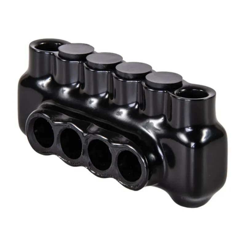 The Polaris IPLM4-4 Multi-Tap Mountable Single Side Entry Connector features 4 ports sized for 4-14 AWG wires. Mounting holes on either side of the connector allow for direct mounting to troughs, panels or wireways with 1/4 inch bolts. The body is made from aluminum alloy wrapped in a layer of plastisol insulation. Each port is pre-loaded with an oxide inhibitor, with removable access plugs over the hex screws used to tighten the connections. Installs with a hex key and torque wrench, without any tape or additional supplies. Designed for use in a wide range of splicing applications, including installation in cable trays, panel boards, ducts, raceways or troughs.