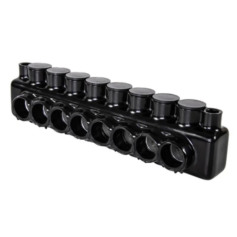 The Polaris IPLMD250-8 Multi-Tap Mountable Dual-Sided Entry Connector features 8 ports sized for 250 MCM - 6 AWG wires. Mounting holes on either side of the connector allow for direct mounting to troughs, panels or wireways with 1/4 inch bolts. The body is made from aluminum alloy wrapped in a layer of plastisol insulation. Each dual-sided port is pre-loaded with an oxide inhibitor, with removable access plugs over the hex screws used to tighten the connections. Installs with a hex key and torque wrench, without any tape or additional supplies. Designed for use in a wide range of splicing applications, including installation in cable trays, panel boards, ducts, raceways or troughs.