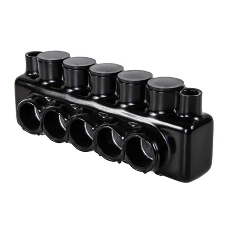 The Polaris IPLMD350-5 Multi-Tap Mountable Dual-Sided Entry Connector features 5 ports sized for 350 MCM - 6 AWG wires. Mounting holes on either side of the connector allow for direct mounting to troughs, panels or wireways with 1/4†bolts. The body is made from aluminum alloy wrapped in a layer of plastisol insulation. Each dual-sided port is pre-loaded with an oxide inhibitor, with removable access plugs over the hex screws used to tighten the connections. Installs with a hex key and torque wrench, without any tape or additional supplies. Designed for use in a wide range of splicing applications, including installation in cable trays, panel boards, ducts, raceways or troughs.