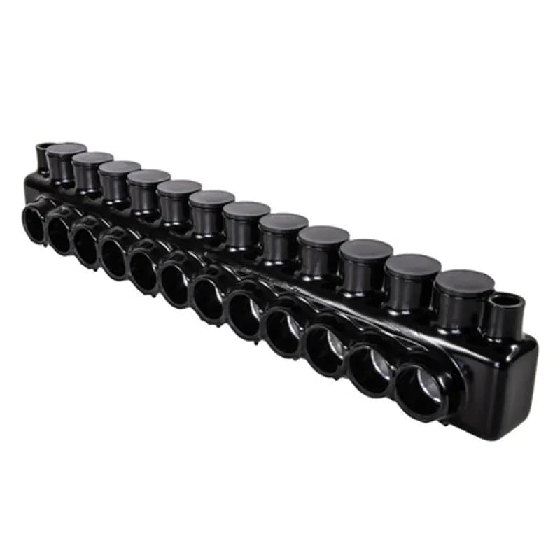 The Polaris IPLMD750-12 Multi-Tap Mountable Dual-Sided Entry Connector features 12 ports sized for 750 - 250 MCM wires. Mounting holes on either side of the connector allow for direct mounting to troughs, panels or wireways with 1/4â€ bolts. The body is made from aluminum alloy wrapped in a layer of plastisol insulation. Each dual-sided port is pre-loaded with an oxide inhibitor, with removable access plugs over the hex screws used to tighten the connections. Installs with a hex key and torque wrench, without any tape or additional supplies. Designed for use in a wide range of splicing applications, including installation in cable trays, panel boards, ducts, raceways or troughs.