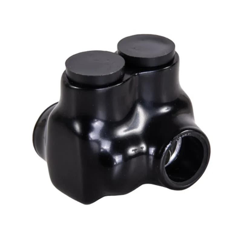 The Polaris ITO-3/0B Multi-Tap Offset Dual-Side Entry Connector features 2 ports sized for 3/0 - 6 AWG wires. The body is made from aluminum alloy wrapped in a layer of plastisol insulation. Each port is pre-loaded with an oxide inhibitor, with removable access plugs over the hex screws used to tighten the connections. Installs with a hex key and torque wrench, without any tape or additional supplies. Designed for use in a wide range of splicing applications, including installation in cable trays, panel boards, ducts, raceways or troughs.
