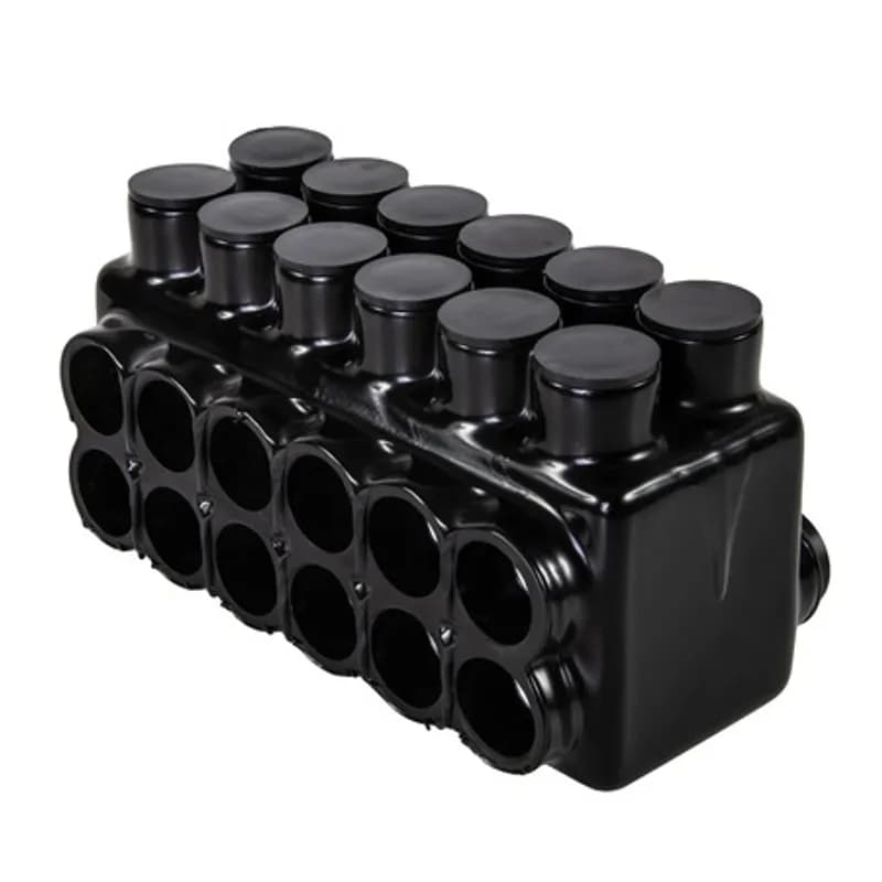 The Polaris IPLDS350-12 Multi-Tap Dual-Sided Entry Connector features 12 ports sized for 350 MCM - 6 AWG wires. The body is made from aluminum alloy wrapped in a layer of plastisol insulation. One side features stacked ports, with double-sided ports on the bottom for greater flexibility. Each port is pre-loaded with an oxide inhibitor, with removable access plugs over the hex screws used to tighten the connections. Installs with a hex key and torque wrench, without any tape or additional supplies. Designed for use in a wide range of tight-fitting splicing applications, including installation in small wire ways or panels.