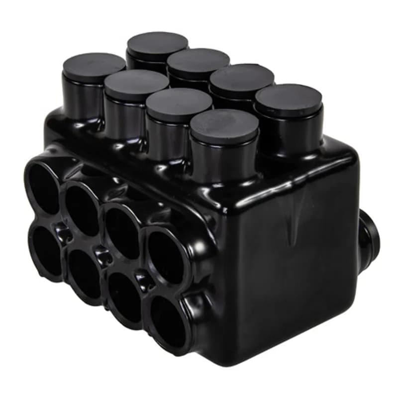 The Polaris IPLDS750-8 Multi-Tap Dual-Sided Entry Connector features 8 ports sized for 750 MCM - 1/0 AWG wires. The body is made from aluminum alloy wrapped in a layer of plastisol insulation. One side features stacked ports, with double-sided ports on the bottom for greater flexibility. Each port is pre-loaded with an oxide inhibitor, with removable access plugs over the hex screws used to tighten the connections. Installs with a hex key and torque wrench, without any tape or additional supplies. Designed for use in a wide range of tight-fitting splicing applications, including installation in small wire ways or panels.