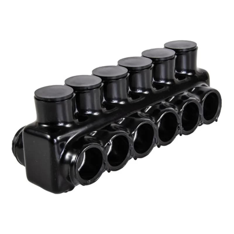 NSI Industries IPLD250-6B - The Polaris IPLD250-6B Multi-Tap Dual-Sided Entry Black Connector features 6 ports sized for 250 MCM - 6 AWG wires. The body is made from aluminum alloy wrapped in a layer of plastisol insulation. Each dual-sided port is pre-loaded with an oxide inhibitor, with removable access plugs over the hex screws used to tighten the connections. Installs with a hex key and torque wrench, without any tape or additional supplies, and comes packaged in a clear plastic bag with a mounting hole for hanging in retail displays. Designed for use in a wide range of splicing applications, including installation in cable trays, panel boards, ducts, raceways or troughs.