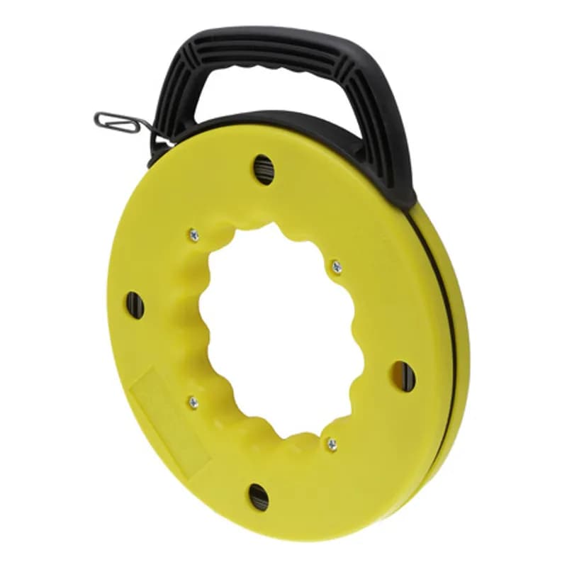 50' Steel Fishtape with Handle APPLICATIONS: Extremely flexible and durable flat spring steel. Stiffer construction is excellent for long runs. Looped end for attaching wires. Heavy-duty housing withstands rough conditions. High visibility yellow makes fish tape easy to locate. Viewing holes to show remaining tape. Handle slides through base to reel tape easily. 500 Lbs. Maximum tape strength FEATURES: TYPE: Steel WIDTH: 1/8" LENGTH: 50' END TYPE: Formed hook BRAND EQUIVALENT: Del City 990365 Gardner Bender RTS-50B Ideal 31-055 Morris 52240