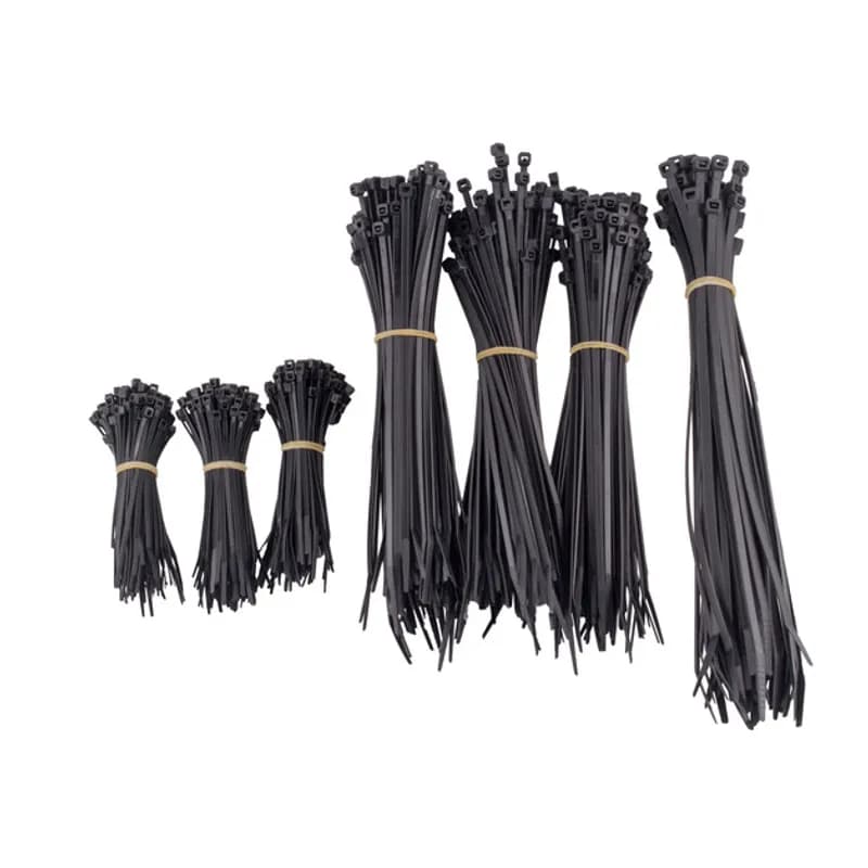 650-Piece Cable Tie Variety Pack - Black 650-Piece Cable Tie Variety Pack are UV/Weather Resistant cable ties that come in an assortment of sizes for applications that have a variety of needs. Provided in an air-tight canister to prevent drying, extending life. UV and Weather Resistant Cable Ties are made from weather resistant Nylon 66 for applications exposed to the outside elements. They have good UV resistance and are designed for quick and easy use. Strong and flexible, they can be wrapped around a bundle quickly and the tail easily inserted into a self-locking head. The smaller standard size ties even have bent tails to facilitate rapid tail-to-head insertion by user. Made of high-strength Nylon 66 that resists abrasion and chemicals such as common oils, greases, solvents, dilute acids and alkalines. They are fungus-resistant, self-extinguishing and have excellent dielectric properties.
