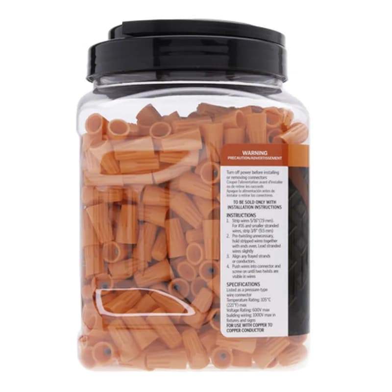 The Easy-Twist WC-O-J 700-Count Jar of Standard-Style Orange Wire Connectors are designed for use on copper wires in the 22-14 AWG size range. They’re made of flame-retardant thermoplastic rated for a maximum temperature of 105˚ Celsius (221˚ Fahrenheit). The quick-grip square spring design grips in fewer twists and can dead-end a single wire, while the ergonomic ribbed texture makes them easy to twist. Their compact design is useful for applications in tight areas or anywhere else you need to connect wires.