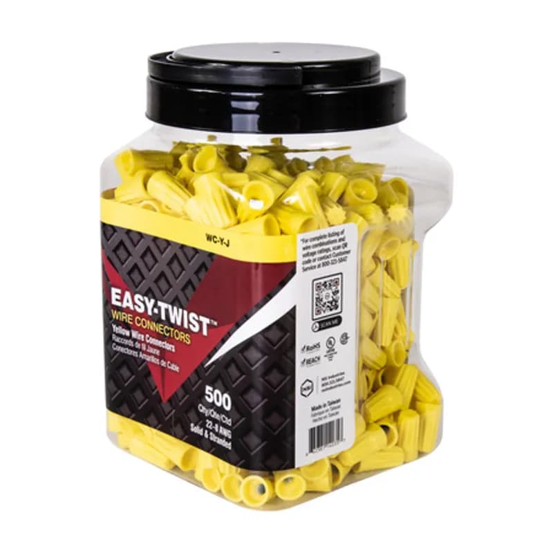 NSI Industries WC-Y-J - The Easy-Twist WC-Y-J 500 Jar of Standard-Style Yellow Wire Connectors are designed for use on copper wires in the 22-8 AWG size range. Theyâ€™re made of flame-retardant thermoplastic rated for a maximum temperature of 105Ëš Celsius (221Ëš Fahrenheit). The quick-grip square spring design grips in fewer twists and can dead-end a single wire, while the ergonomic ribbed texture makes them easy to twist. Their compact design is useful for applications in tight areas or anywhere else you need to connect wires.