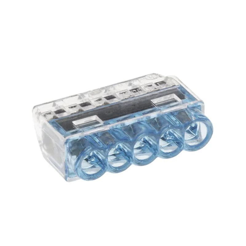 The Easy-Twist PIWC-5-C 50-Count Carton of Blue Push-In Wire Connectors are designed for use on five solid or stranded wires in the 22-12 AWG size range. They’re made from flame-retardant thermoplastic and rated for an operating temperature range of -30˚ to 105˚ Celsius (-40˚ to 221˚ Fahrenheit). The push-in design uses two blades to form secure and fast connections between wires without any twisting or taping. Their compact in-line design is useful for applications in tight areas or anywhere else you need to connect wires.