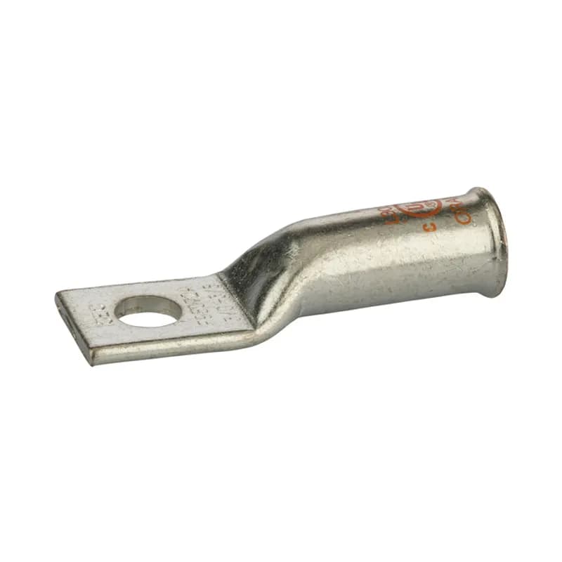 1 Hole Long Barrel Copper Compression Lug for Flexible Copper Cable 3/0 AWG - 3/8" Bolt Compression lugs for flexible copper cables are connects that have a gentle, continuous flared end to ensure ease of cable insertion of flexible and extra flexible cables such as locomotive, welding, mining cable and more. The flared end also reduces pressure on the cable strands after installation and protects them from chafing and breakage as a result of cable movement. Tin-plated for corrosion resistance. Rated 600 volts for copper cables only. Single mounting hole.