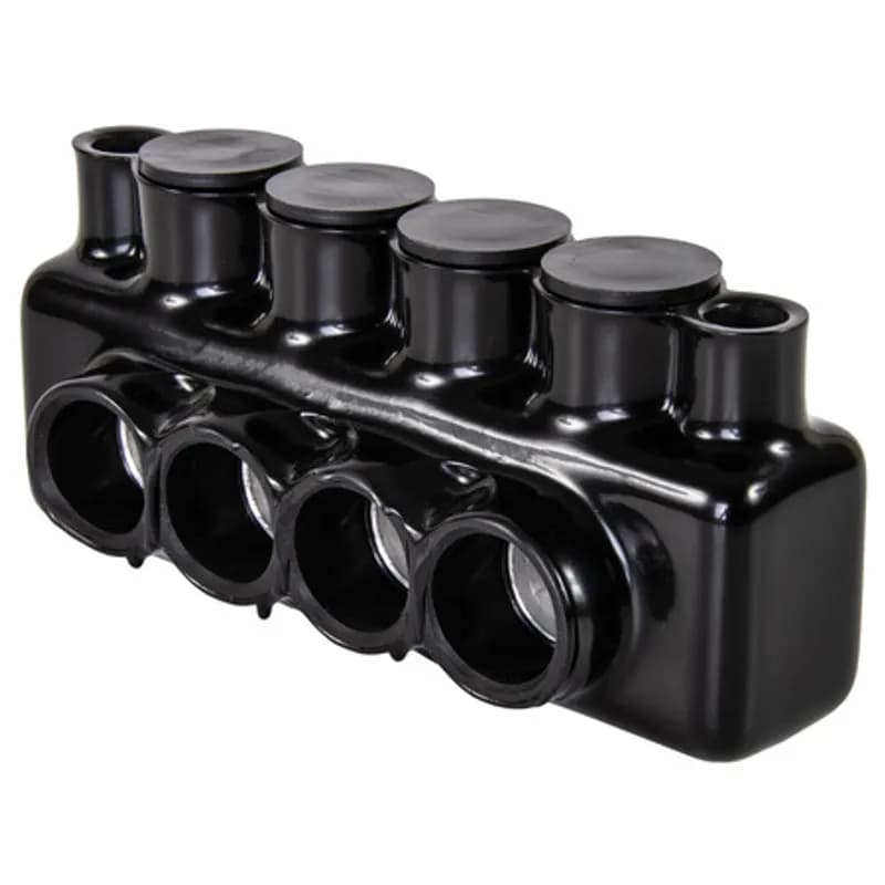 The Polaris IPLMD600-4 Multi-Tap Mountable Dual-Sided Entry Connector features 4 ports sized for 600 MCM - 6 AWG wires. Mounting holes on either side of the connector allow for direct mounting to troughs, panels or wireways with 1/4â€ bolts. The body is made from aluminum alloy wrapped in a layer of plastisol insulation. Each dual-sided port is pre-loaded with an oxide inhibitor, with removable access plugs over the hex screws used to tighten the connections. Installs with a hex key and torque wrench, without any tape or additional supplies. Designed for use in a wide range of splicing applications, including installation in cable trays, panel boards, ducts, raceways or troughs.