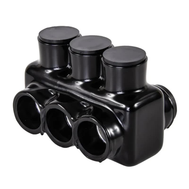 The Polaris IPLD600-3 Multi-Tap Dual-Sided Entry Connector features 3 ports sized for 600 MCM - 6 AWG wires. The body is made from aluminum alloy wrapped in a layer of plastisol insulation. Each dual-sided port is pre-loaded with an oxide inhibitor, with removable access plugs over the hex screws used to tighten the connections. Installs with a hex key and torque wrench, without any tape or additional supplies. Designed for use in a wide range of splicing applications, including installation in cable trays, panel boards, ducts, raceways or troughs.