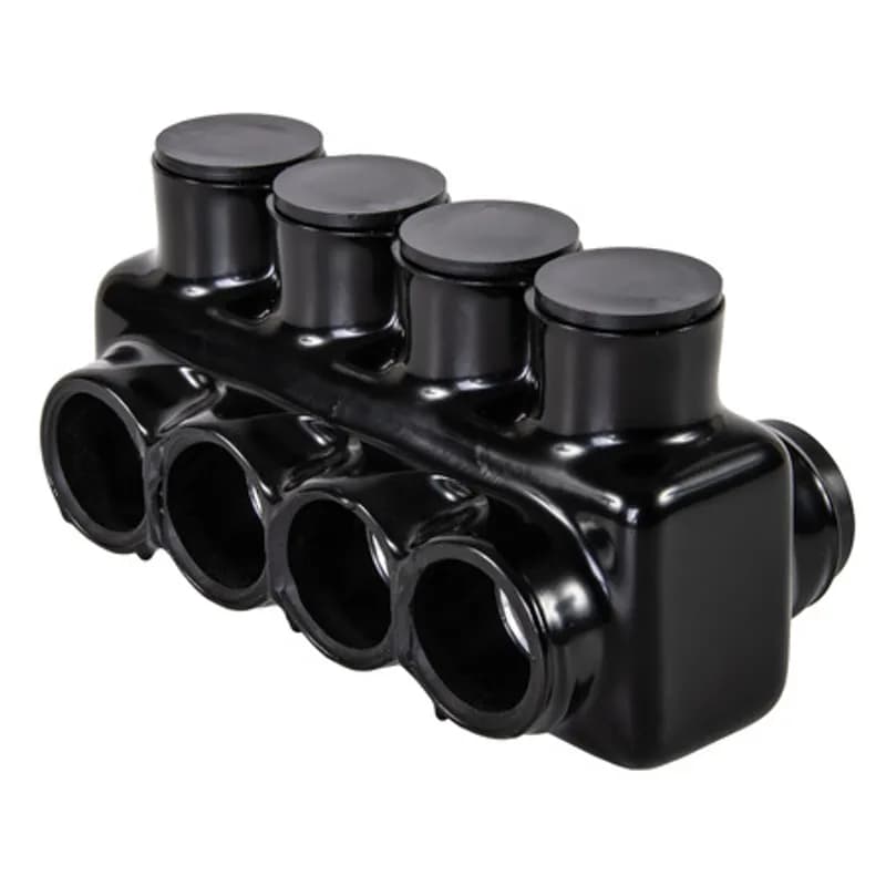 The Polaris IPLD600-4 Multi-Tap Dual-Sided Entry Connector features 4 ports sized for 600 MCM - 6 AWG wires. The body is made from aluminum alloy wrapped in a layer of plastisol insulation. Each dual-sided port is pre-loaded with an oxide inhibitor, with removable access plugs over the hex screws used to tighten the connections. Installs with a hex key and torque wrench, without any tape or additional supplies. Designed for use in a wide range of splicing applications, including installation in cable trays, panel boards, ducts, raceways or troughs.