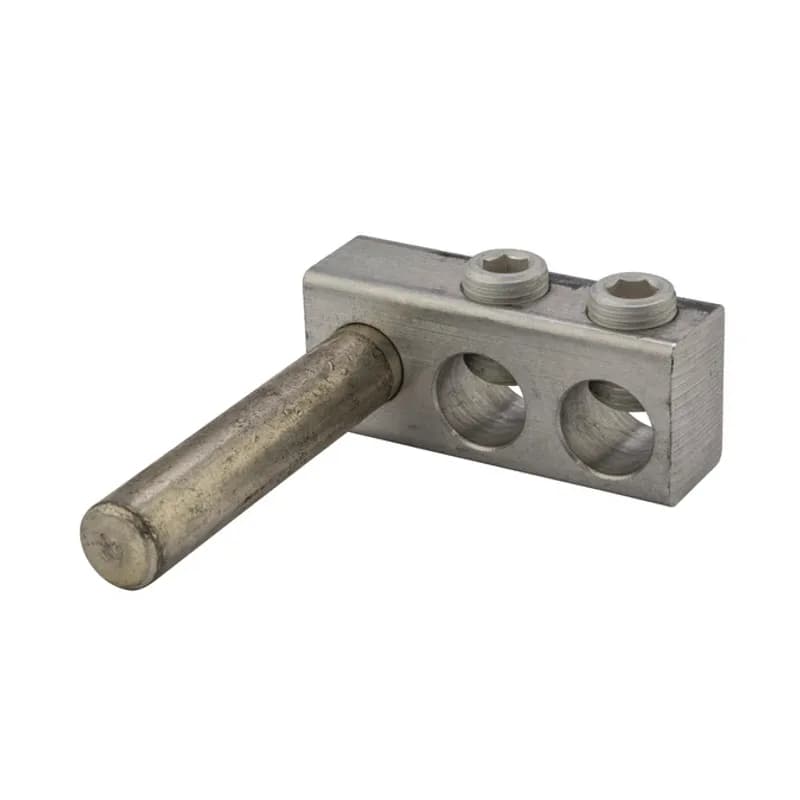 2 Port Aluminum Dual Rated Transformer Stud Connector 350 MCM -6 AWG with 5/8" Stud Aluminum dual rated transformer stud connectors are versatile and reusable set screw connectors made from 6061T-6 aluminum alloy for superior electrical and mechanical performance. Clear plated for low contact resistance- stud is tin plated copper which provides low contact resistance for connection to transformer. For use with copper and aluminum conductors. Meets or exceeds ANSI C119.4 Class A. Rated 600V. Temperature rating 90 degrees C.