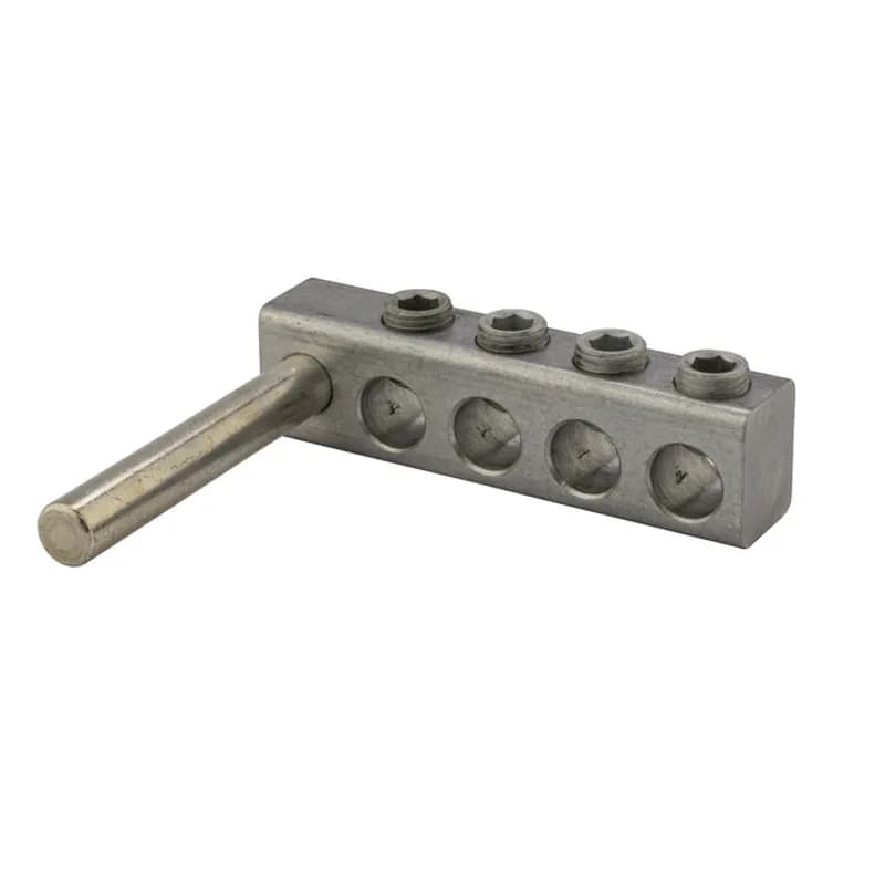 NSI Industries TS250-4 - 4 Port Aluminum Dual Rated Transformer Stud Connector 250 MCM -6 AWG Aluminum dual rated transformer stud connectors are versatile and reusable set screw connectors made from 6061T-6 aluminum alloy for superior electrical and mechanical performance. Clear plated for low contact resistance- stud is tin plated copper which provides low contact resistance for connection to transformer. For use with copper and aluminum conductors. Meets or exceeds ANSI C119.4 Class A. Rated 600V. Temperature rating 90 degrees C.