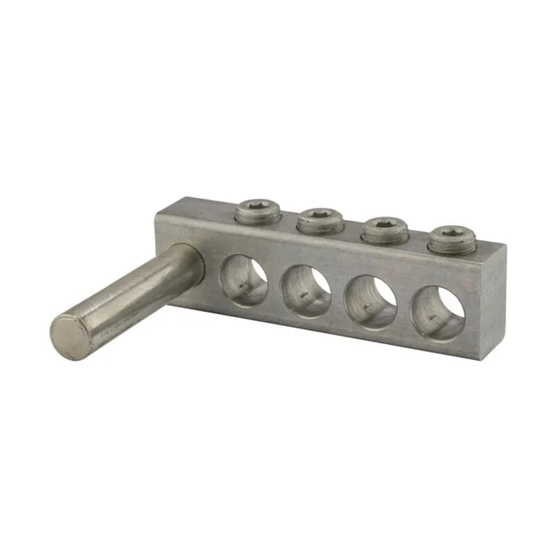 4 Port Aluminum Dual Rated Transformer Stud Connector 500 MCM - 4 AWG Aluminum dual rated transformer stud connectors are versatile and reusable set screw connectors made from 6061T-6 aluminum alloy for superior electrical and mechanical performance. Clear plated for low contact resistance- stud is tin plated copper which provides low contact resistance for connection to transformer. For use with copper and aluminum conductors. Meets or exceeds ANSI C119.4 Class A. Rated 600V. Temperature rating 90 degrees C.
