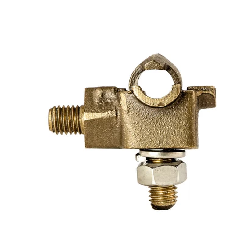 Use the NSI TGE-250 Two-Way Basket Ground Clamp to ground electrical connections in distribution/pole transformers. This clamp is cast from high conductivity copper alloy and comes with cast bronze eyebolts, both of which are high strength and guarantee durable performance when grounding transformers in harsh environments. Strong stainless-steel nuts and lockwashers are standard on all two-way basket ground clamps. TGE series ground clamps may be tightened to the transformer by using a wrench on the body. Two-way basket ground clamps are available with a tin plate by adding suffix ‘TN’ for additional corrosion resistance in the field. Use the TGE-250 when running ground wire in the range of 6 SOL to 250 MCM. Stock products you can rely on—stock NSI.
