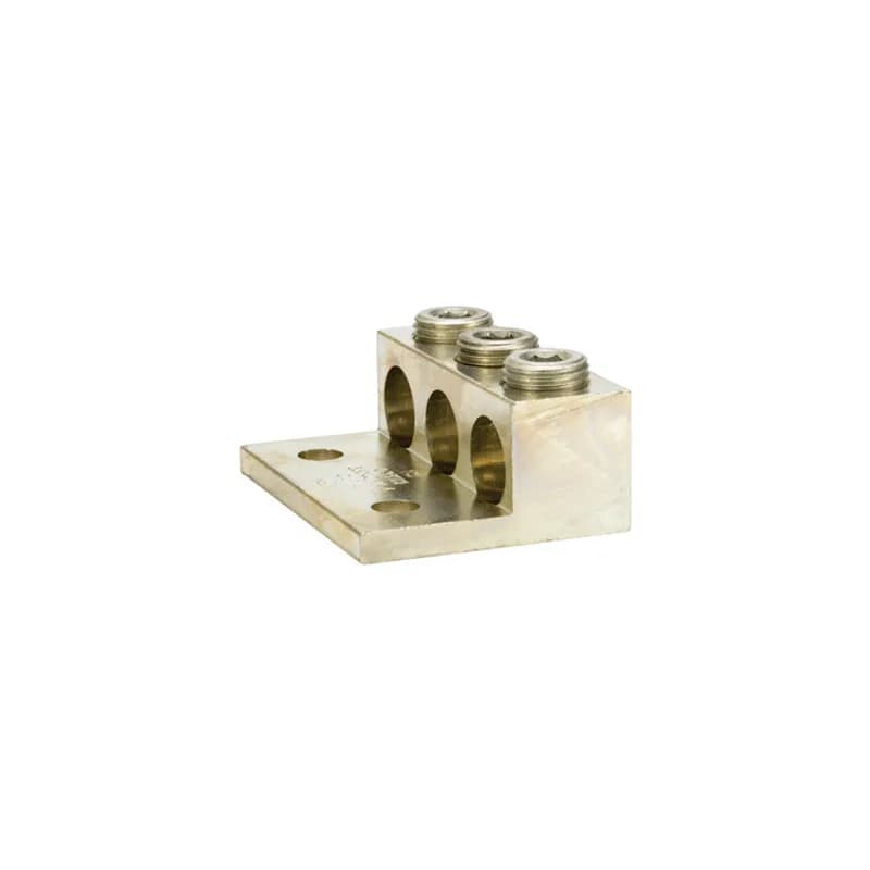 NSI Industries 3-350T2 - 3 Port Aluminum Dual Rated Transformer Lug 350 MCM - 6 AWG with 2 Mounting Holes Aluminum Dual Rated Transformer Lugs are versatile and reuseable set screw connectors made of 6061T-6 aluminum alloy for superior electrical and mechanical performance. Two set screws per wire hole ensure an exceptional connection. Electro-tin plated for low resistance. For use with copper or aluminum conductors. Mounting hole spacing is NEMA 1-3/4". Meets or exceeds ANSI C119.4 Class A. Rated 600 Volts. Temperature Rating 90 degrees C.