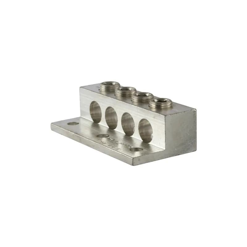 4 Port Dual Rated Transformer Lug 350 MCM - 6 AWG Aluminum Dual Rated Transformer Lugs are versatile and reuseable set screw connectors made of 6061T-6 aluminum alloy for superior electrical and mechanical performance. Two set screws per wire hole ensure an exceptional connection. Electro-tin plated for low resistance. For use with copper or aluminum conductors. Mounting hole spacing is NEMA 1-3/4". Meets or exceeds ANSI C119.4 Class A. Rated 600 Volts. Temperature Rating 90 degrees C.