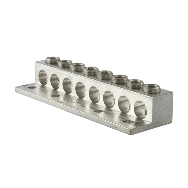 8 Port 4 Mounting Hole Aluminum Dual Rated Transformer Lug 350 MCM - 6 AWG Aluminum Dual Rated Transformer Lugs are versatile and reuseable set screw connectors made of 6061T-6 aluminum alloy for superior electrical and mechanical performance. Two set screws per wire hole ensure an exceptional connection. Electro-tin plated for low resistance. For use with copper or aluminum conductors. Mounting hole spacing is NEMA 1-3/4". Meets or exceeds ANSI C119.4 Class A. Rated 600 Volts. Temperature Rating 90 degrees C.