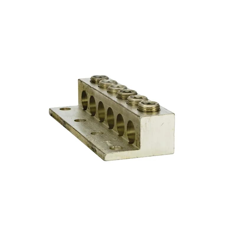 6 Port 4 Mounting Hole Aluminum Dual Rated Transformer Lug 350 MCM - 6 AWG Aluminum Dual Rated Transformer Lugs are versatile and reuseable set screw connectors made of 6061T-6 aluminum alloy for superior electrical and mechanical performance. Two set screws per wire hole ensure an exceptional connection. Electro-tin plated for low resistance. For use with copper or aluminum conductors. Mounting hole spacing is NEMA 1-3/4". Meets or exceeds ANSI C119.4 Class A. Rated 600 Volts. Temperature Rating 90 degrees C.