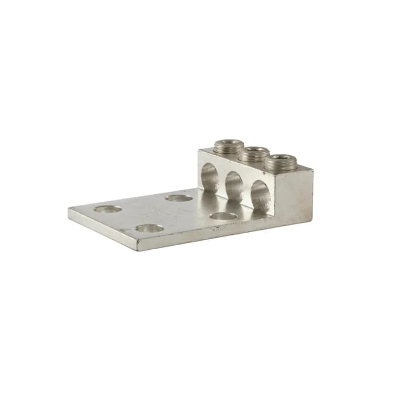 3 Port Aluminum Dual Rated Transformer Lug 350 MCM - 6 AWG with 4 Mounting Holes Aluminum Dual Rated Transformer Lugs are versatile and reuseable set screw connectors made of 6061T-6 aluminum alloy for superior electrical and mechanical performance. Two set screws per wire hole ensure an exceptional connection. Electro-tin plated for low resistance. For use with copper or aluminum conductors. Mounting hole spacing is NEMA 1-3/4". Meets or exceeds ANSI C119.4 Class A. Rated 600 Volts. Temperature Rating 90 degrees C.