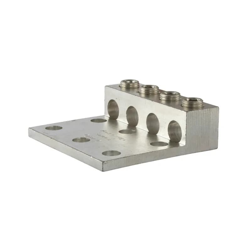 4 Port Aluminum Dual Rated Transformer Lug 350 MCM - 6 AWG Aluminum Dual Rated Transformer Lugs are versatile and reuseable set screw connectors made of 6061T-6 aluminum alloy for superior electrical and mechanical performance. Two set screws per wire hole ensure an exceptional connection. Electro-tin plated for low resistance. For use with copper or aluminum conductors. Mounting hole spacing is NEMA 1-3/4". Meets or exceeds ANSI C119.4 Class A. Rated 600 Volts. Temperature Rating 90 degrees C.