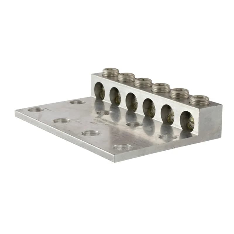 6 Port 8 Mounting Hole Aluminum Dual Rated Transformer Lug 350 MCM - 6 AWG Aluminum Dual Rated Transformer Lugs are versatile and reuseable set screw connectors made of 6061T-6 aluminum alloy for superior electrical and mechanical performance. Two set screws per wire hole ensure an exceptional connection. Electro-tin plated for low resistance. For use with copper or aluminum conductors. Mounting hole spacing is NEMA 1-3/4". Meets or exceeds ANSI C119.4 Class A. Rated 600 Volts. Temperature Rating 90 degrees C.