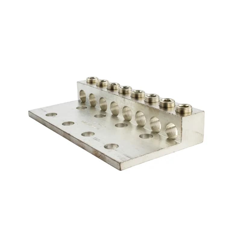 NSI Industries 8-350L8 - 8 Port 8 Mounting Hole Aluminum Dual Rated Transformer Lug 350 MCM - 6 AWG Aluminum Dual Rated Transformer Lugs are versatile and reuseable set screw connectors made of 6061T-6 aluminum alloy for superior electrical and mechanical performance. Two set screws per wire hole ensure an exceptional connection. Electro-tin plated for low resistance. For use with copper or aluminum conductors. Mounting hole spacing is NEMA 1-3/4". Meets or exceeds ANSI C119.4 Class A. Rated 600 Volts. Temperature Rating 90 degrees C.